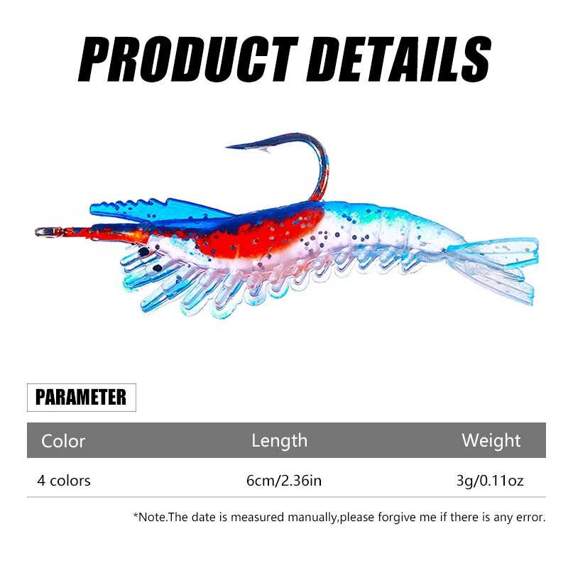 5pcs 6cm Luminous Shrimp Fake Baits Soft Simulation Prawn Lure Fishy Smell Artificial Trout Bait Single Hook Sea Fishing Tackle