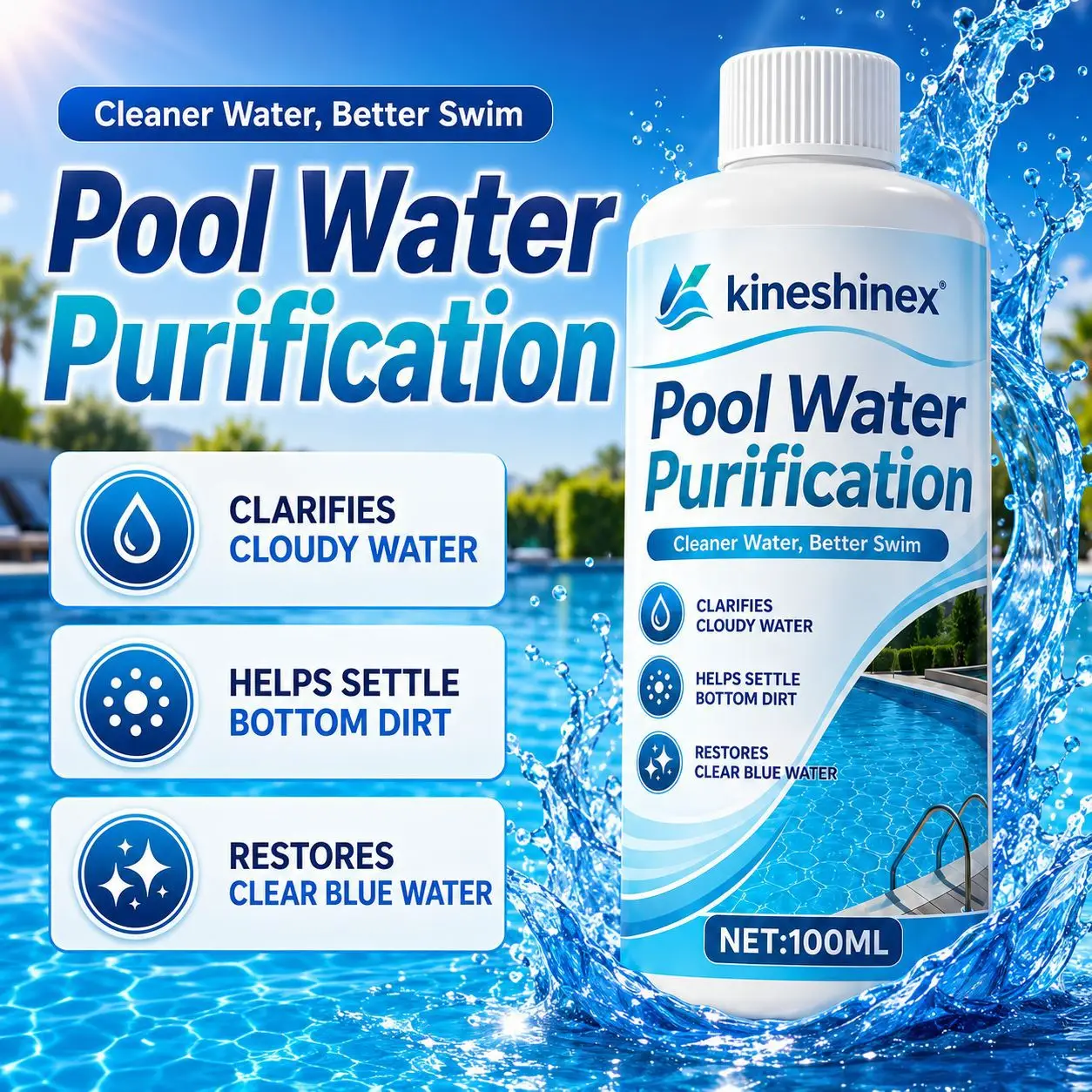 Poolwasser-Klärer 100 ml – Klärt trübes Wasser, lässt Bodenschmutz absetzen, stellt kristallklar blaues Wasser wieder her für saubereres und besseres Schwimmen