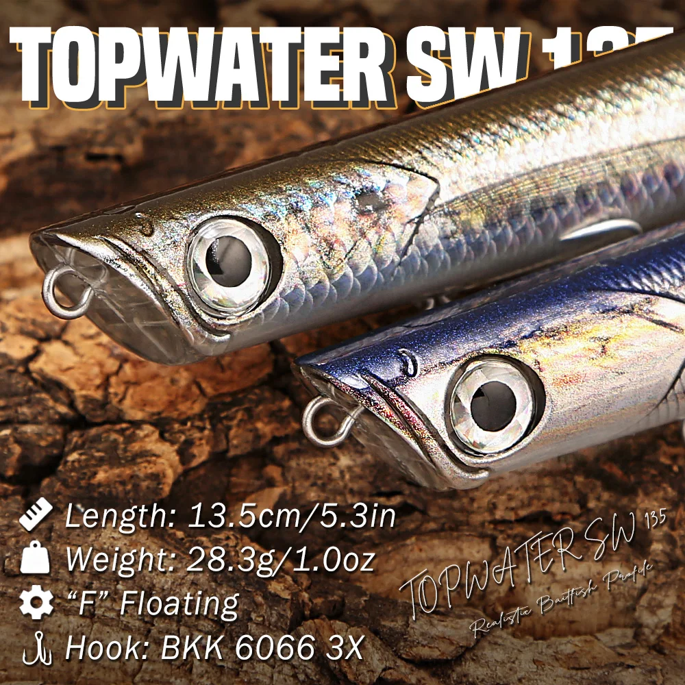 B&U 135mm Saltwater Topwater Pencil Popper Fishing Lure Long Casting Surface Walker with BKK 3X Treble Hooks