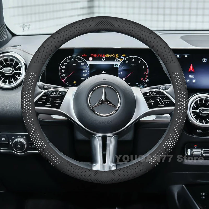 

Car Leather Steering Wheel Cover For Mercedes-Benz E S A Class GLS GLE GLB GLA EQS EQA 2024 2025 Auto Steering Wheel Accessories