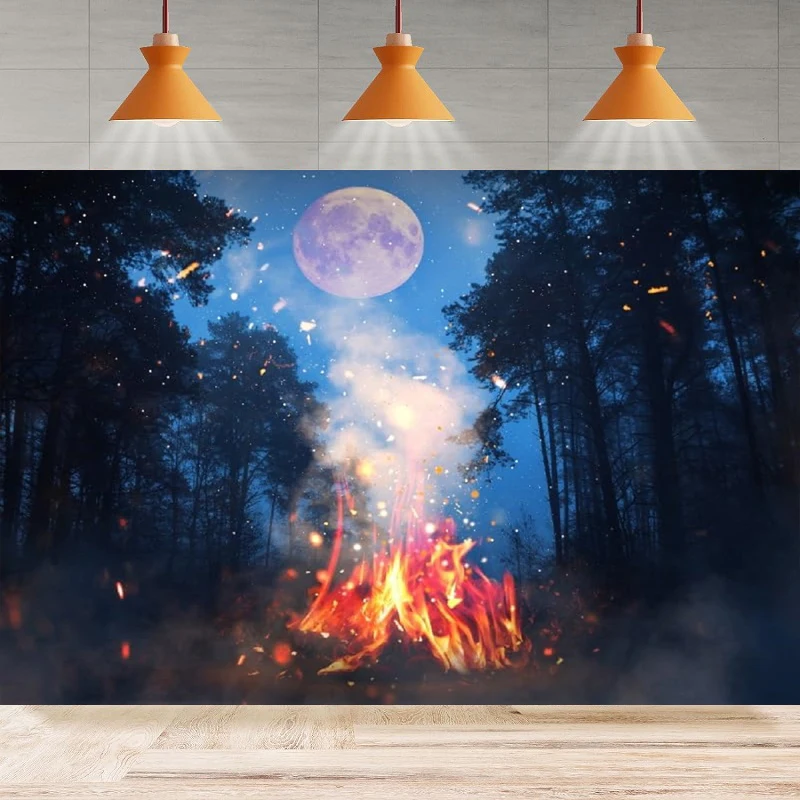 Bonfire Flame Photography Backdrop Forest Camping Burning Fire Full Moon Night Background Campfire Birthday Party Backdrop Wall