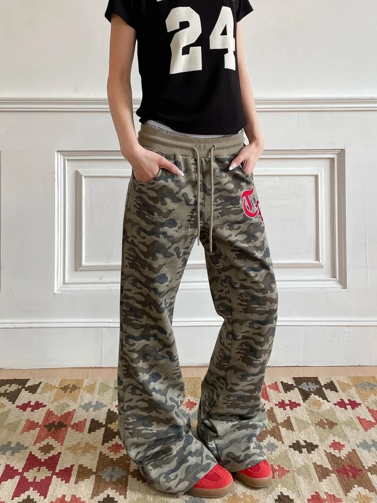 

American Retro Camouflage Flared Sweatpants Women's Loose Slimming Floor-Length Pants High Waist Wide Leg Casual Trousers