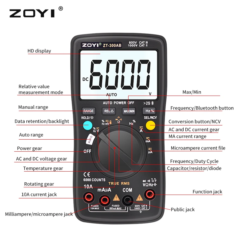 Brand Bluetooth Digital Multimeter True RMS Auto Range 6000 Counts AC DC Voltage Capacitance Temp Amp Ohm Diode Meter Data Hold