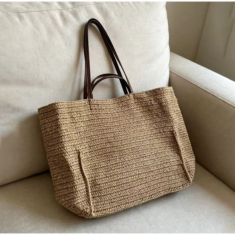 Handgewebte Stroh-Strandtasche, Große Kapazität Damen-Schultertasche, Leichte Vielseitige Sommer-Handtasche für Pendeln und Reisen, Khaki – Detail 1