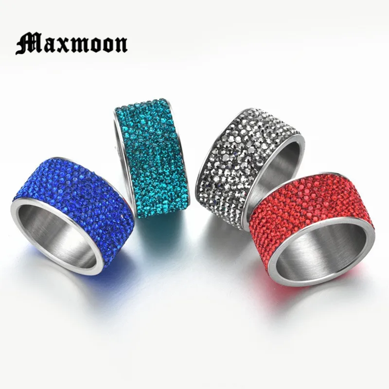 Maxmoon 8 Rows Crystal Stainless Steel Ring Women for Elegant Full Finger Love Wedding Engagement Rings Jewelry Men