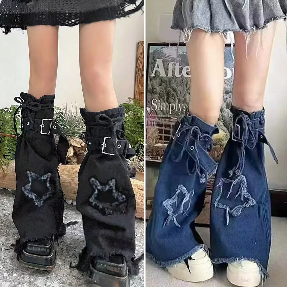 

Japanese Y2K Harajuku Gradient Color Denim Leg Warmer Spice Girl Drawstring Cross Trumpet Leg Covers Socks High Street Stockings