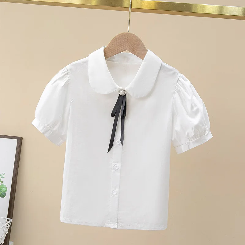 White Cute Uniform Shirts for Big Girls Short Puff Sleeves School Uniform Blouse Princess Turn-Down Collar Bowknot Button Tops