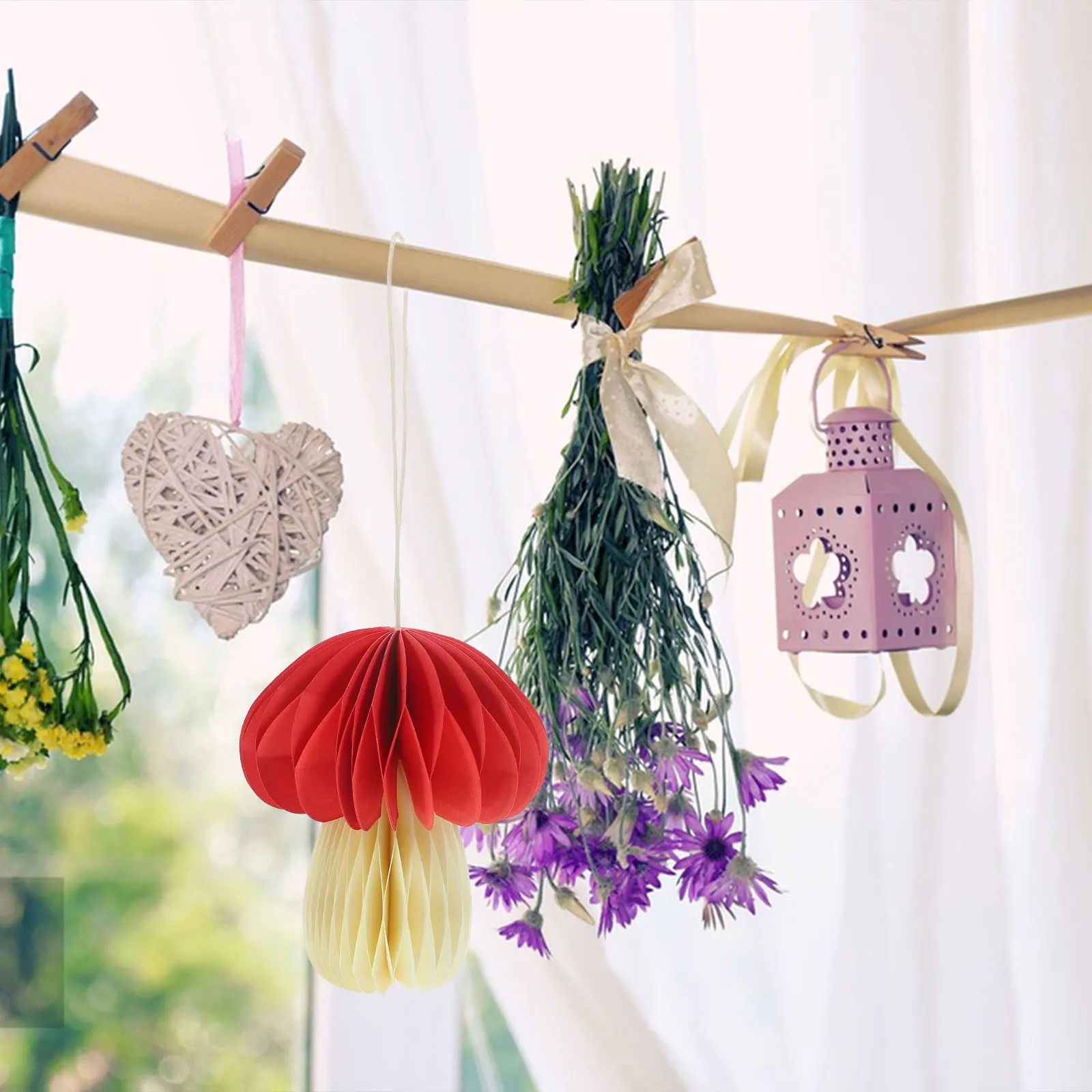 

Hanging Mushroom Honeycomb Pendant Decor Wedding Birthday Party Garden Home Office Festival Celebration Bright Colors Fake