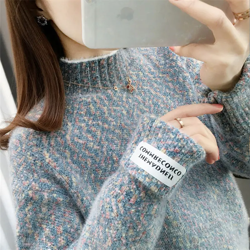 

Chenille Sweater for Women New Loose Mock Neck Knitted plus Fluff Thickened Bottoming Shirt for Women Autumn and Winter