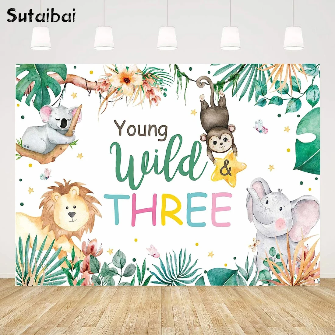 

Young Wild and Three Backdrop Safari Theme Party 3rd Birthday Banner Decorations Photography Background Props Cake Table Decor