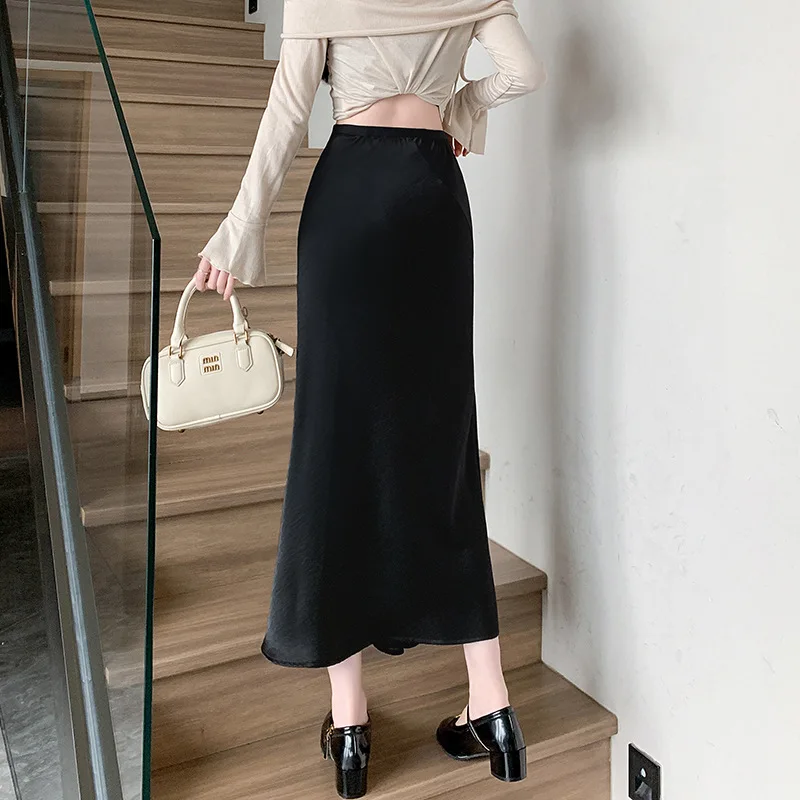 Solide Satin Seide Rock Gespleißt Mesh Frauen Hohe Taille Trompete Meerjungfrau Sommer Langen Rock Elegante Damen Büro Dame Midi Frühling