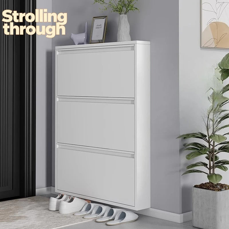 

Тонкая стальная полка для обуви с откидной дверцей, многоярусный шкаф для хранения в прихожей, компактная настенная полка для обуви для небольших помещений