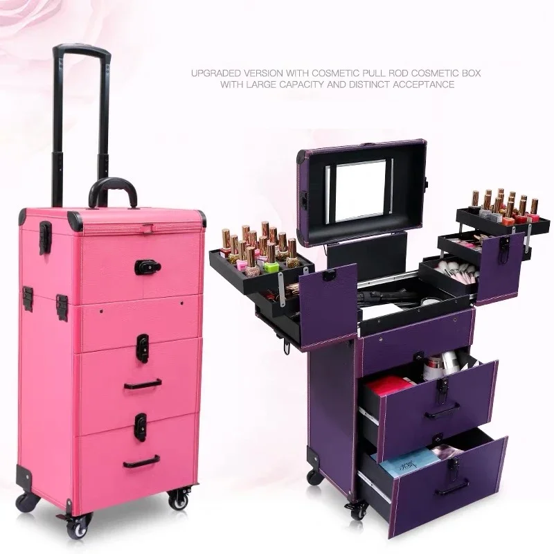 Chariot à cosmétiques de grande capacité pour femme, sac à bagages à roulettes, boîte à outils de maquillage, chariot de tatouage de beauté multicouche imbibé, N64.