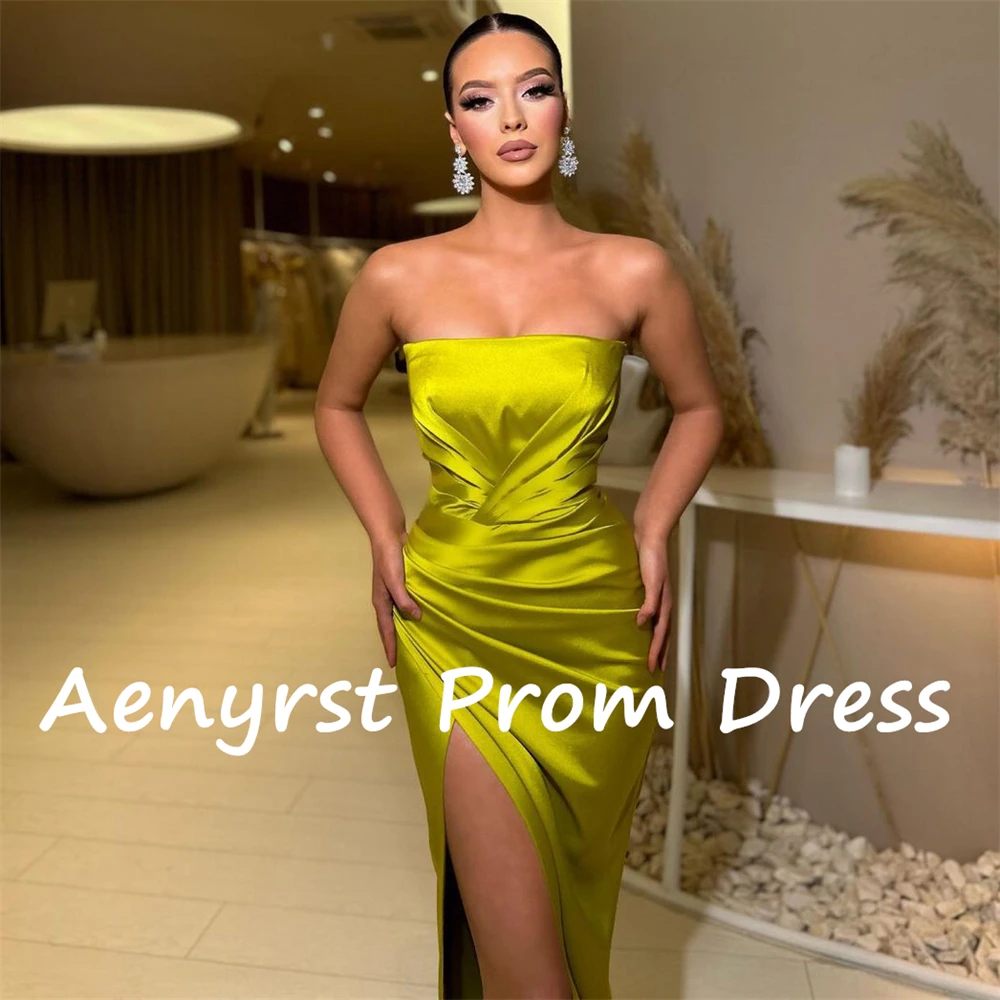 Aenyrst Sexy Strapless Satin Evening Dresses Mermaid Side High Split Prom Gowns Floor Length Dinner Party Dress فساتين السهرة