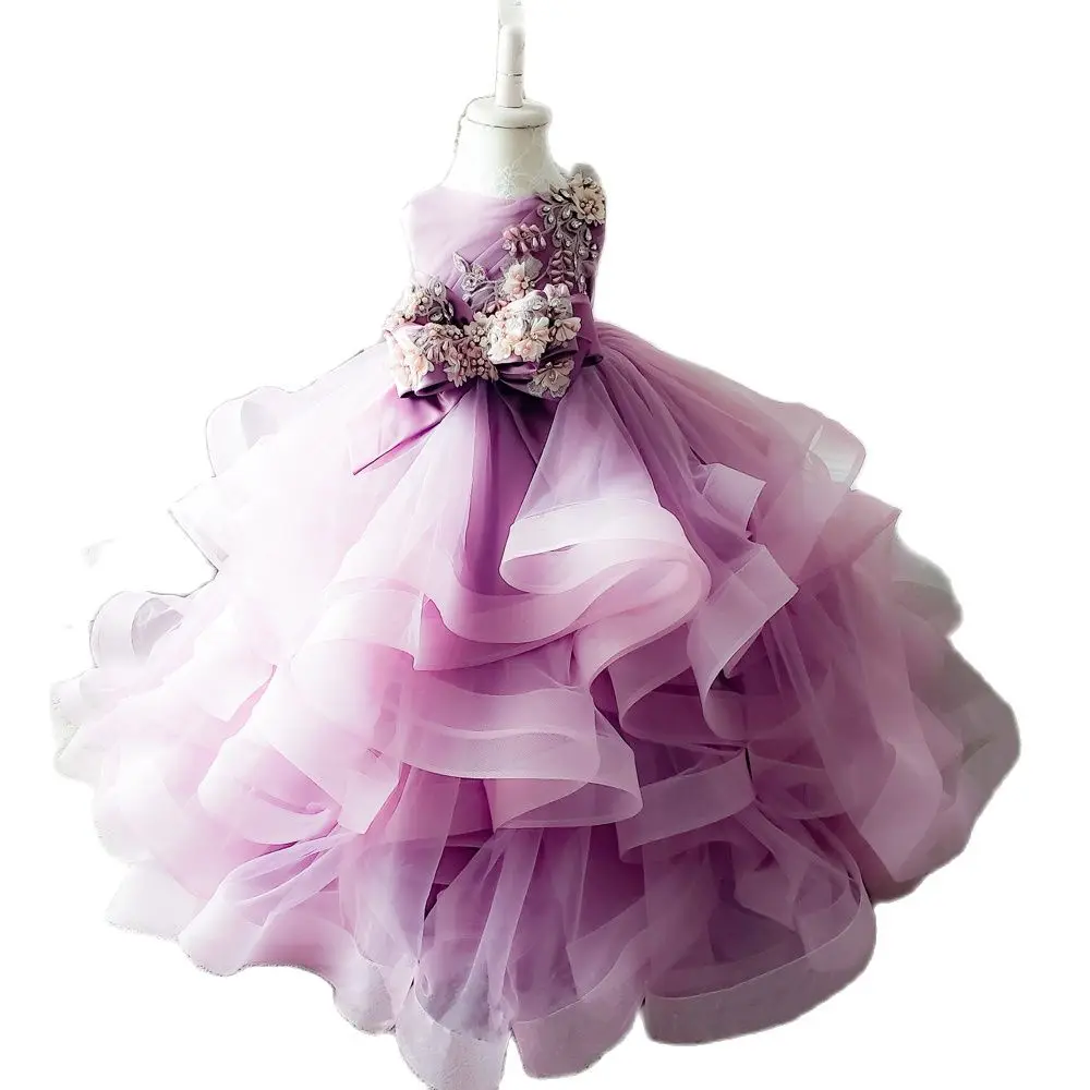 Pink Girl Princess Dress Lace Puffy Flower Girl Dresses Sleeve Cute Girl Birthday Dress Wedding Party Dress Baby Dress