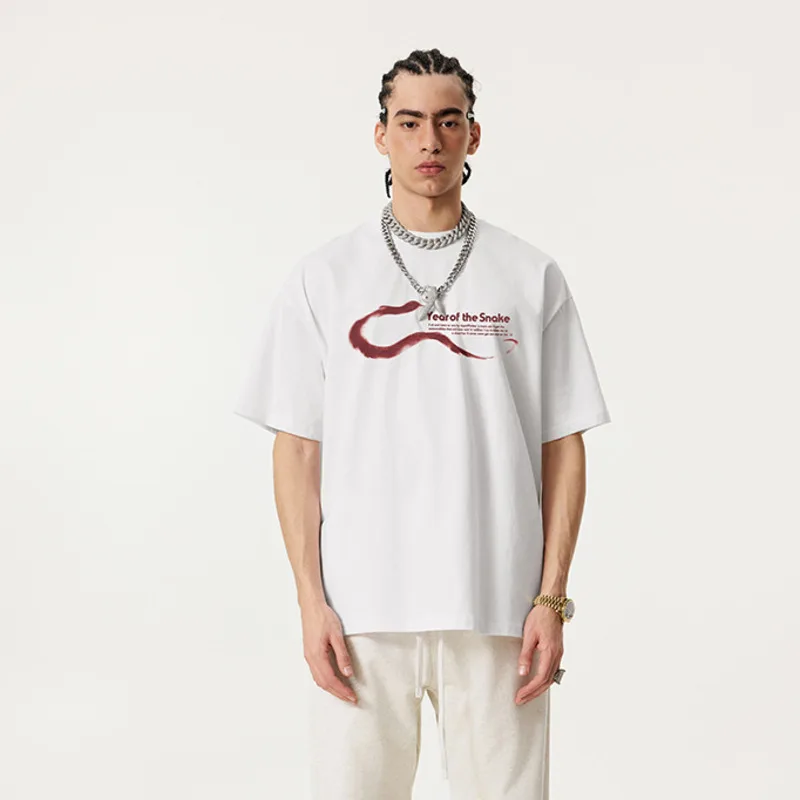 

New Men's Fashion 2025 Summer American Style Trendy High Street T-Shirt Simple Snake Year Print Cool Style Short Sleeve Top 10NE