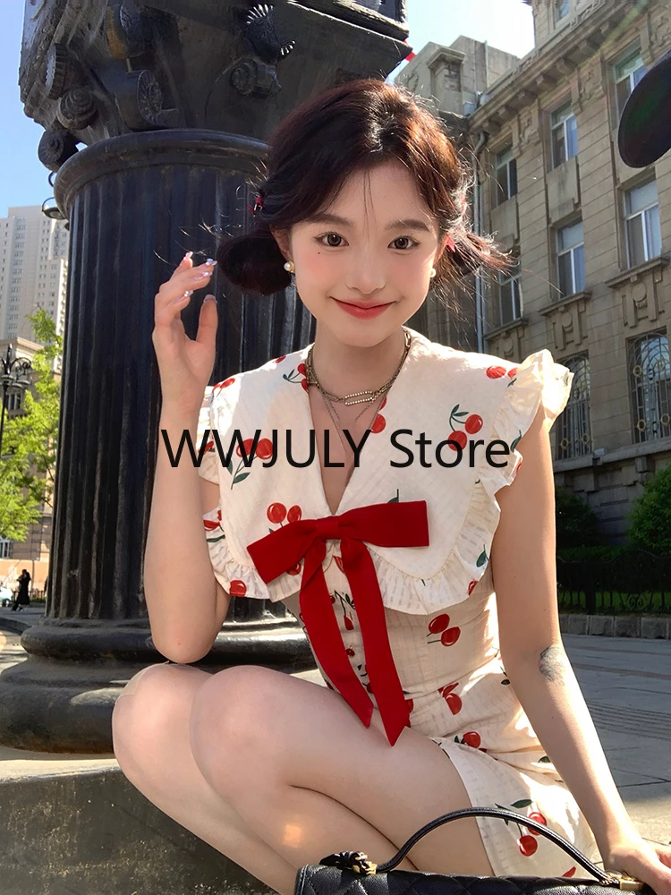 2024 Summer Kawaii Sweet Y2k Mini Dress Woman Sexy Sleeveless Slim Short Party Dress Chic Print Elegant Dress Beach Outwear