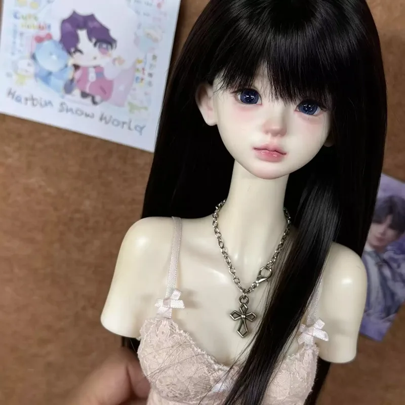 Long Straight BJD Doll Wig with Bangs Inner Buckle Style Elastic Hair Net Doll Hair for 1/3 1/4 1/6 BJD SD Doll Decoration
