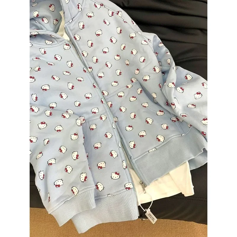 kawaii Hello kitty light blue all over print Hoodie sanrio kitty cute spring and autumn couple\'s cardigan jacket