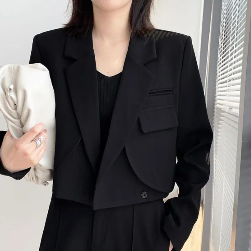 Crop Blazers Women Loose Solid Temper Hidden Breasted Office Lady Casual Ulzzang Elegant Outwear Fashion Streetwear Aesthetic