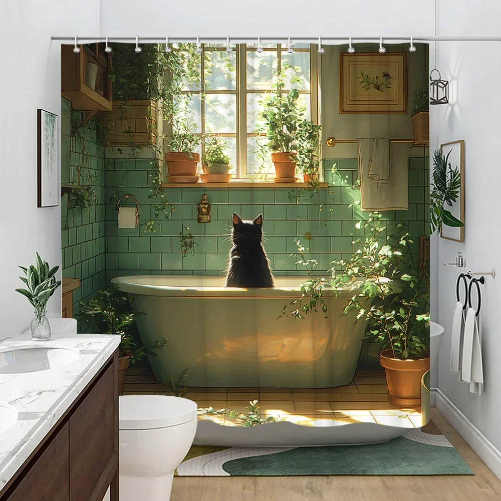 ~O~Black Cat in Sunlit Bathroom Shower Curtain-Retro Green Bathtub Pattern Bathroom Decorative Shower Curtain 180x180cm