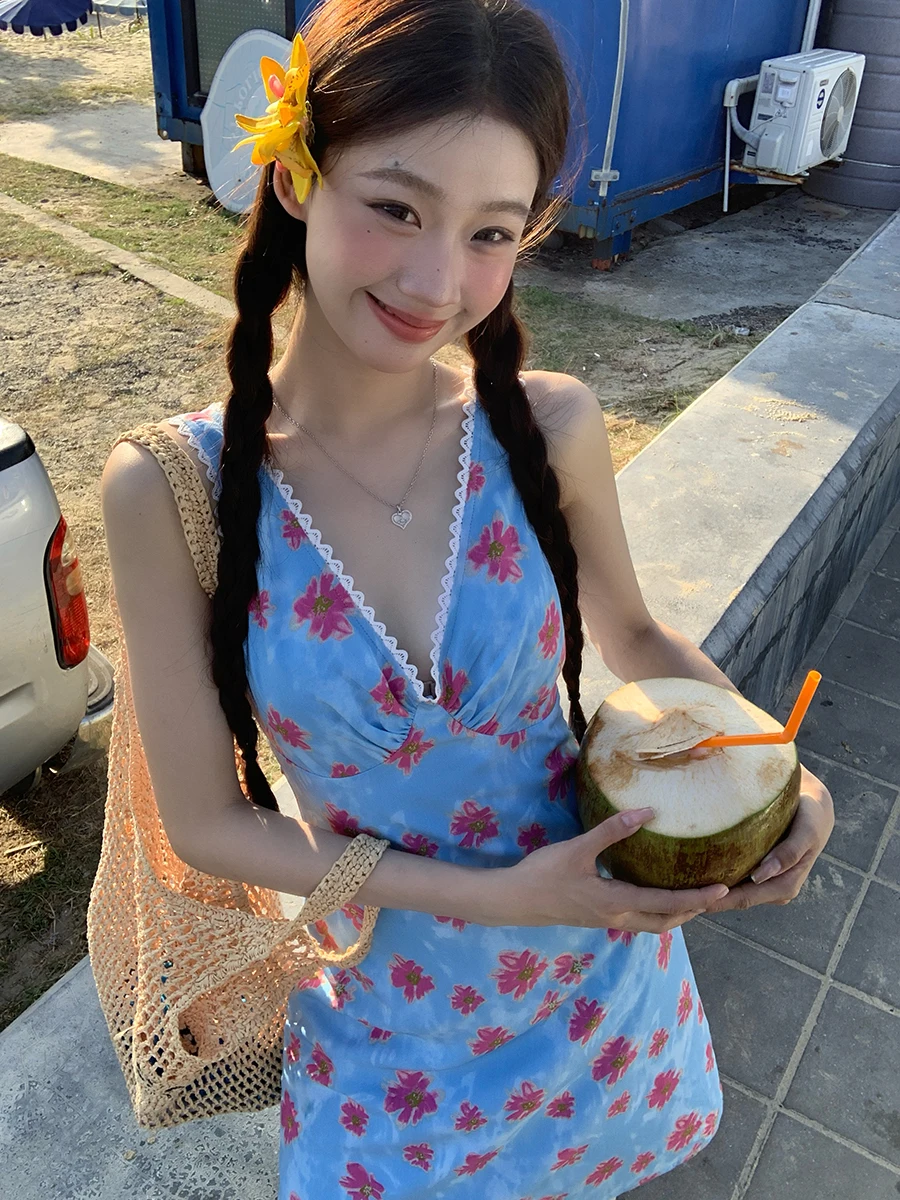 Blaue Spitze V-Ne Sommer Dr Damen Träger Hohe Taille A-Linie Rock Lässig Pendeln Sle Polyesterfaser No Sve Dr