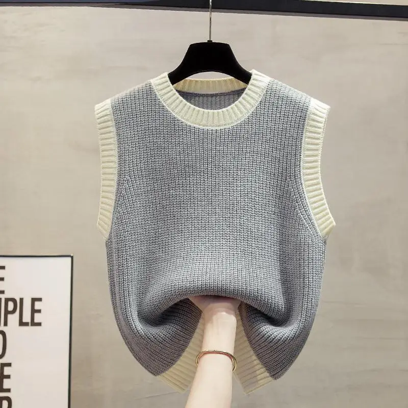 Chaleco de punto con cuello redondo para mujer, Jersey holgado sin mangas, con capas de Color, primavera y otoño, novedad de 2024