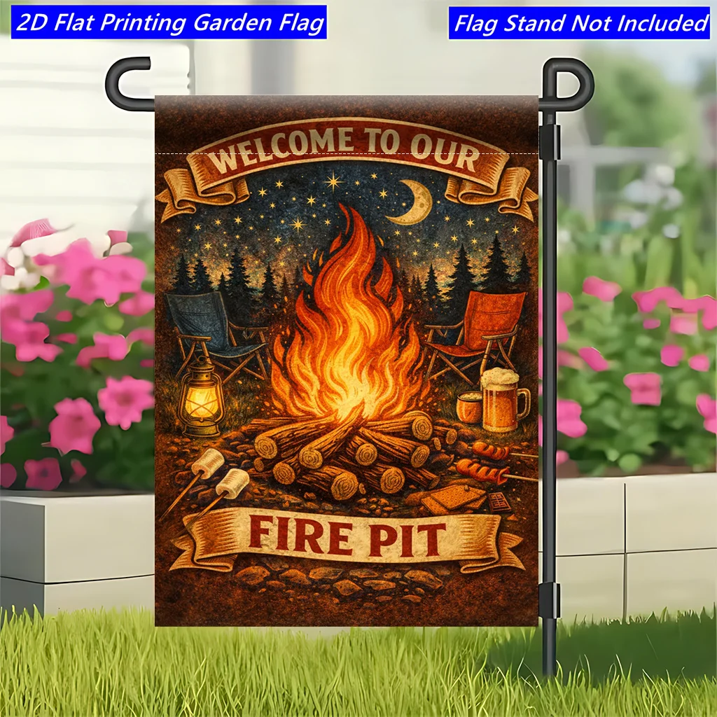 2D Flat Flag 1 Piece, Campfire Camping Night, Flower Pattern Spring and Summer Garden Flag, Suitable for Family Yard Festival Celebration, Create A Warm Atmosphere, for Outdoor/outdoor Hanging Decorative Yard Flag (Flag Only) Single-sided Printing
