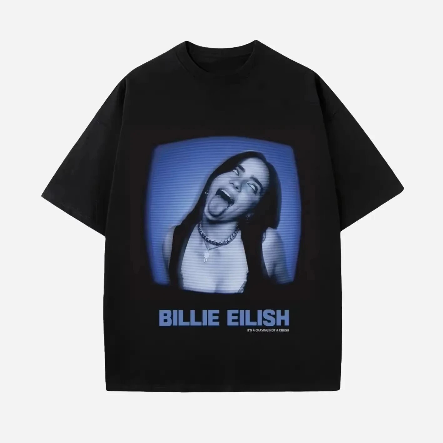 Billie Eilish Concert Retro Pop Singer TV Screen Blue Portrait Graphic Tee Cotton Mens Womens T-Shirt Summer Streetwear