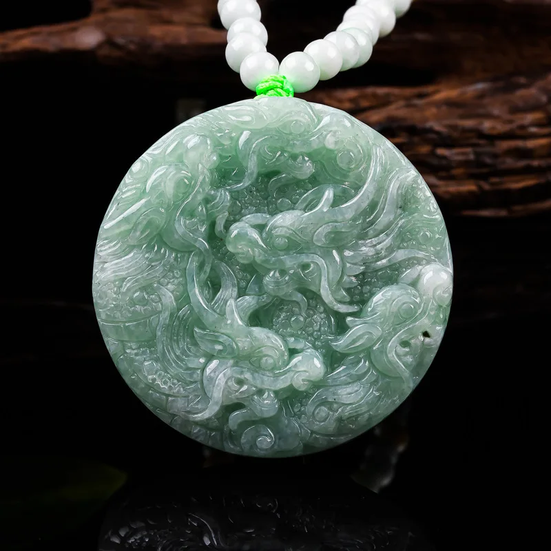 Authentic Burmese Jadeite A-grade Kowloon , Men's Bold Round Dragon Pendant with Double-Sided Carving