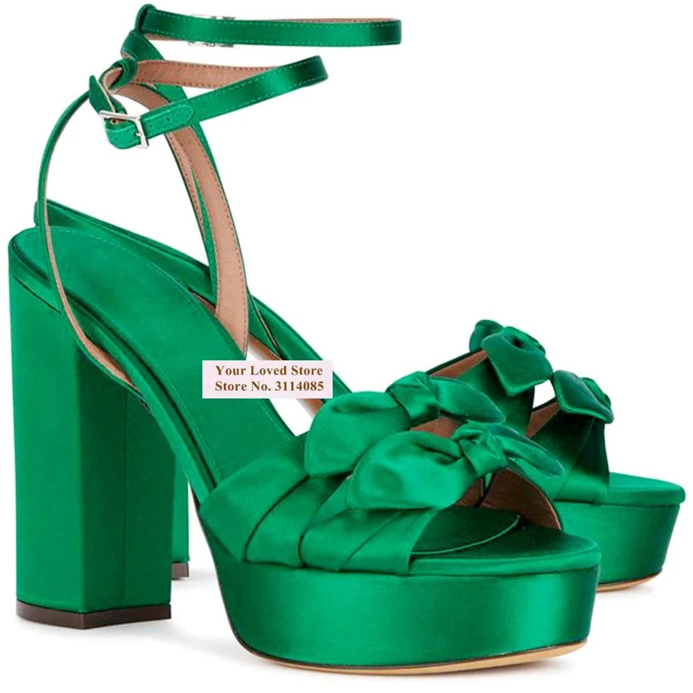 Choudory Green Satin Cloth Butterfly-knot Sandals Chunky High Heel Platform Dress Shoes Luxury Open Toe Evening Pumps Size46