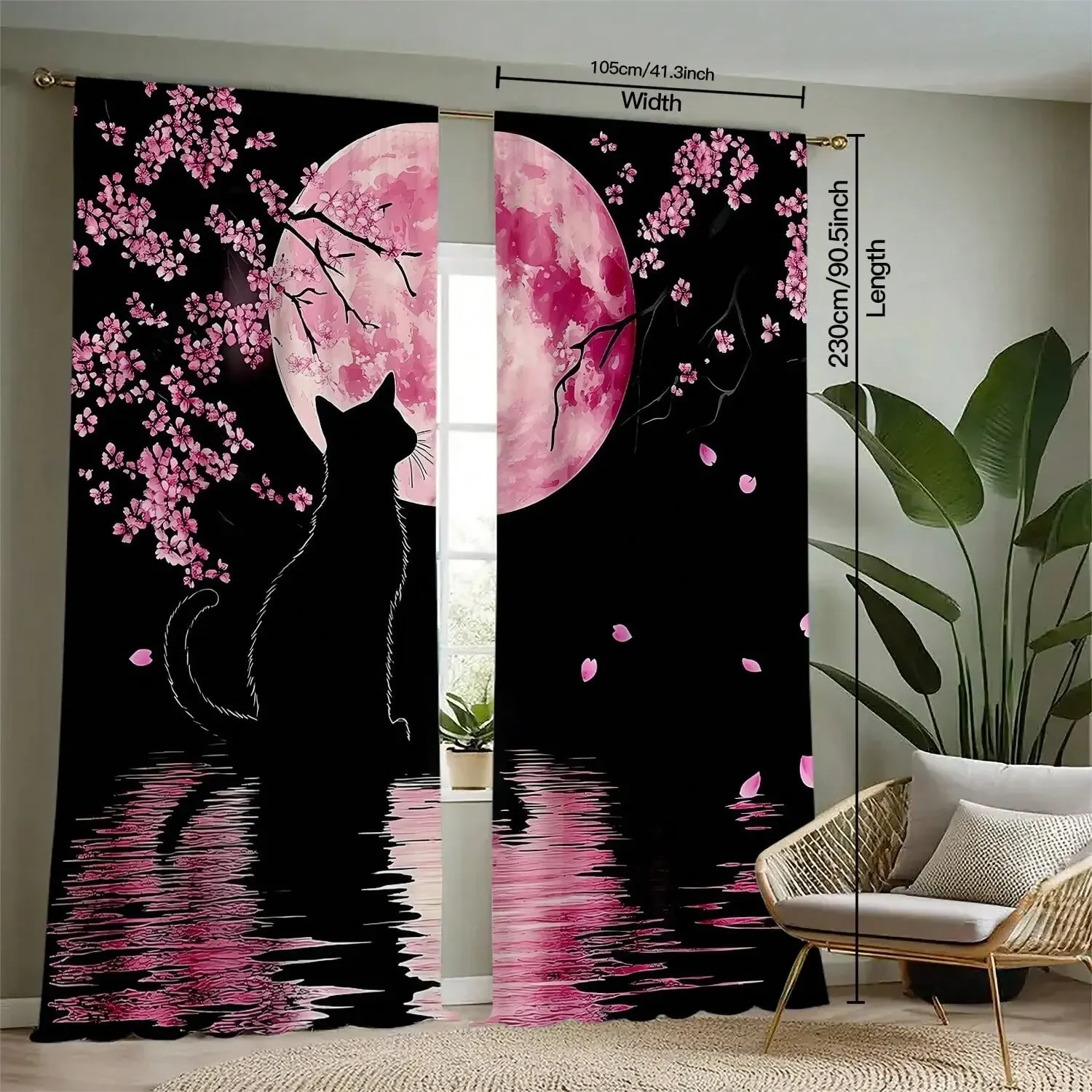Classic Asian-style bedroom curtains with cherry blossom and black cat moon phase design, living room decorative curtains