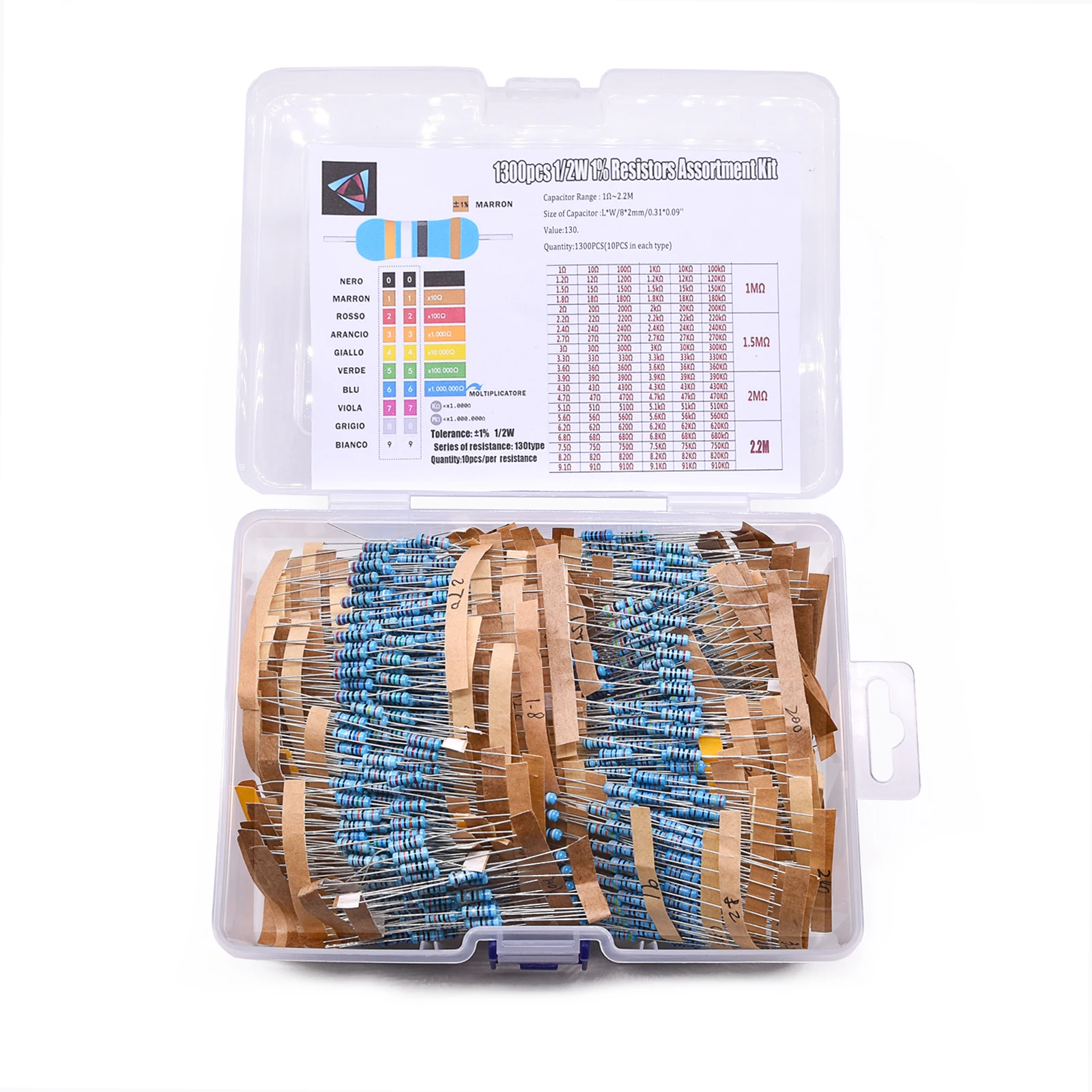 

1300PCS/BOX 1/2W 0.5W 1% 1R~3M Ohm 130Values Metal Film Resistor Assortment Kit with box