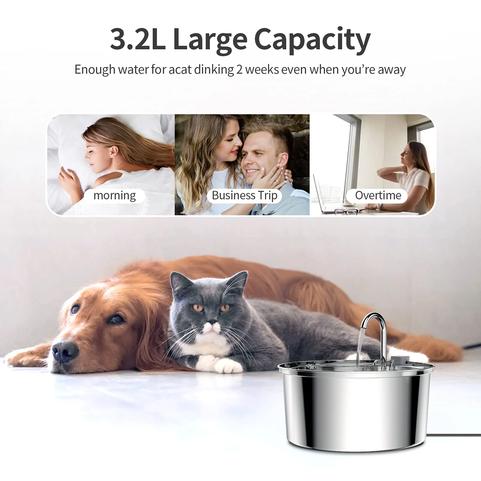 3.2L Stainless Steel Cat Water Fountain Sensor Water Cat Automatic Water Fountain USB Pet Water Fountain Dog Fountain