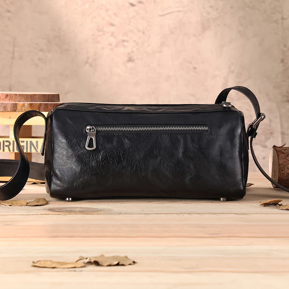 Genuine Leather Shoulder Bag for Men Vegetable Tanned Leather Street Trend Black Crossbody Cowhide Bag