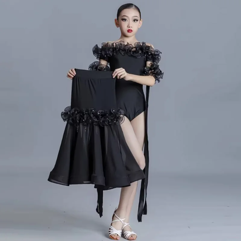 

Детское кружевное боди для современных танцев для девочек и танцев вальса с большой распашной юбкой, танцевальная одежда для соревнований и выступлений