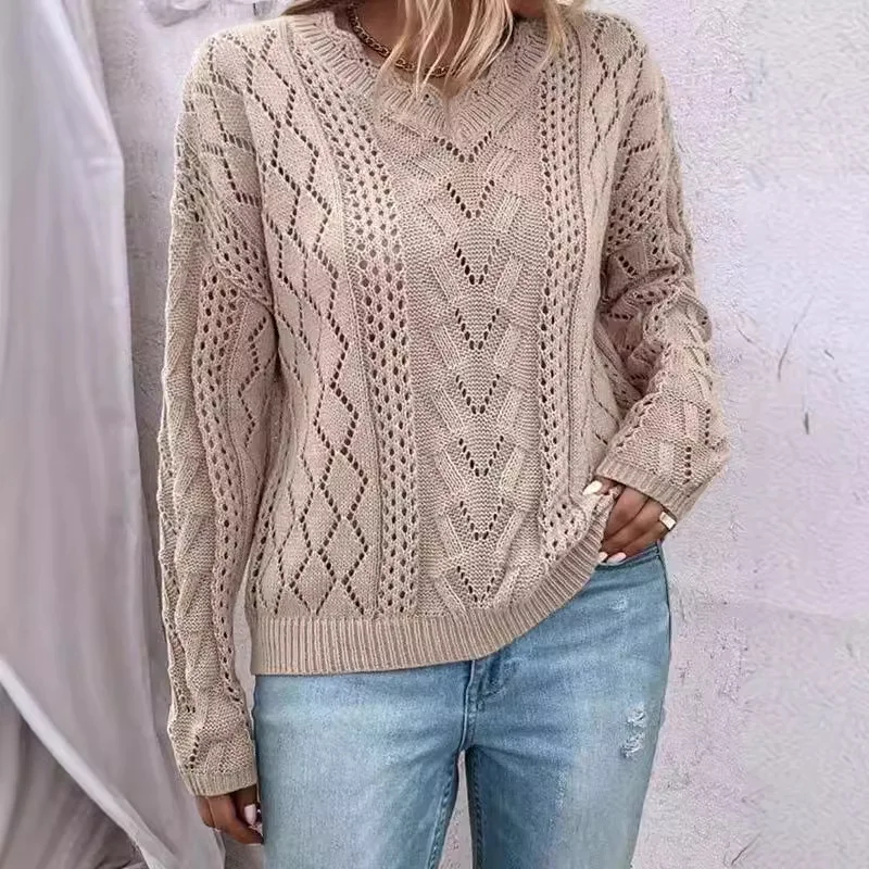 

Sweater Spring and Autumn Women's Casual Knitwear Pullovers Solid Color Long Sleeve O-Neck Hollow Out Sweater