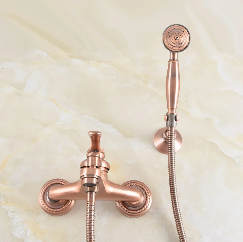 

Antique Red Copper Brass Wall Mounted Bathroom Hand Held Shower Head Faucet Set Tub Mixer Tap Single Handle Lever mtf261