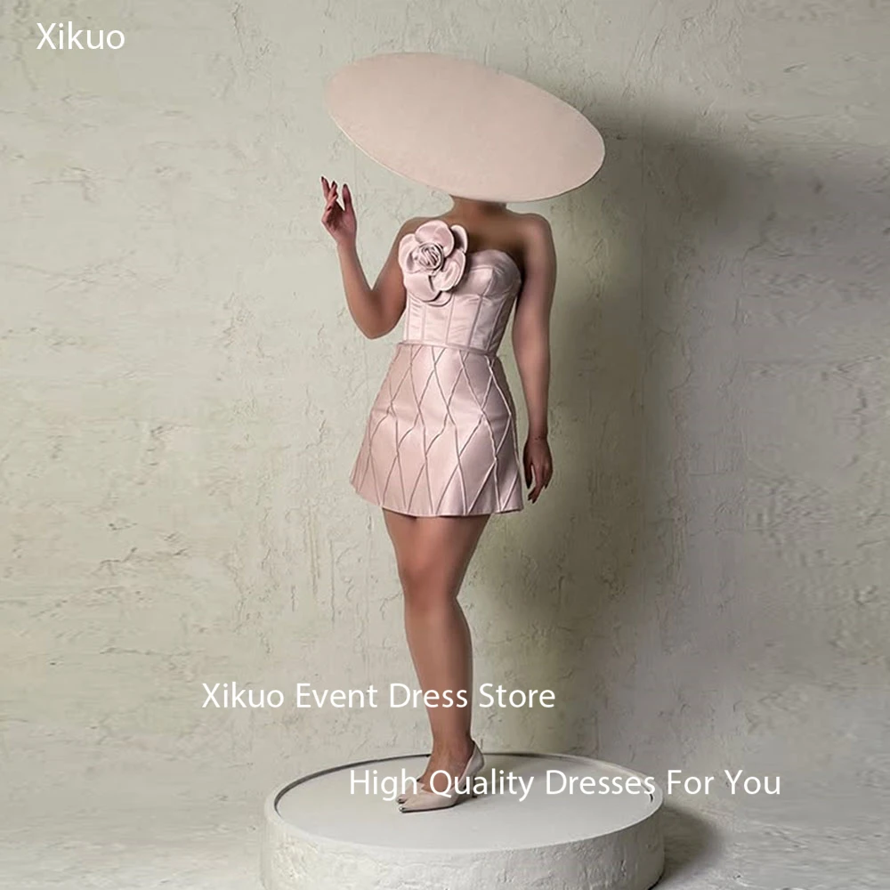 

Xikuo Elegant Pink Satin Prom Gown Strapless Bespoke Occasion Evening Gowns 3D Flower Above Knee Pleated Party Dress Customized