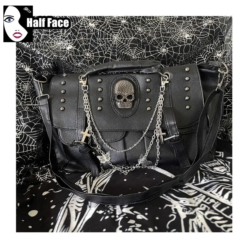 Y2K Spicy Girls Harajuku Gothic Punk Skeleton Head Chain Locomotive Subculture One Shoulder Lolita Women\'s Crossbody Bags Tote