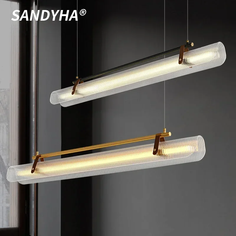 

SANDYHA Modern Pendant Light Black Gold Long Chandelier LED Lighting Fixture For Villa Living Room Dining Table Hotel Home Decor