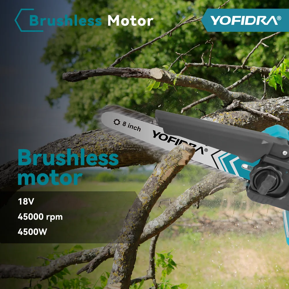YOFIDRA Brushless 8 Inch Electric Chainsaw Cordless Woodworking Pruning Saw Garden Cutting Power Tool For Makita 18V Battery Pin