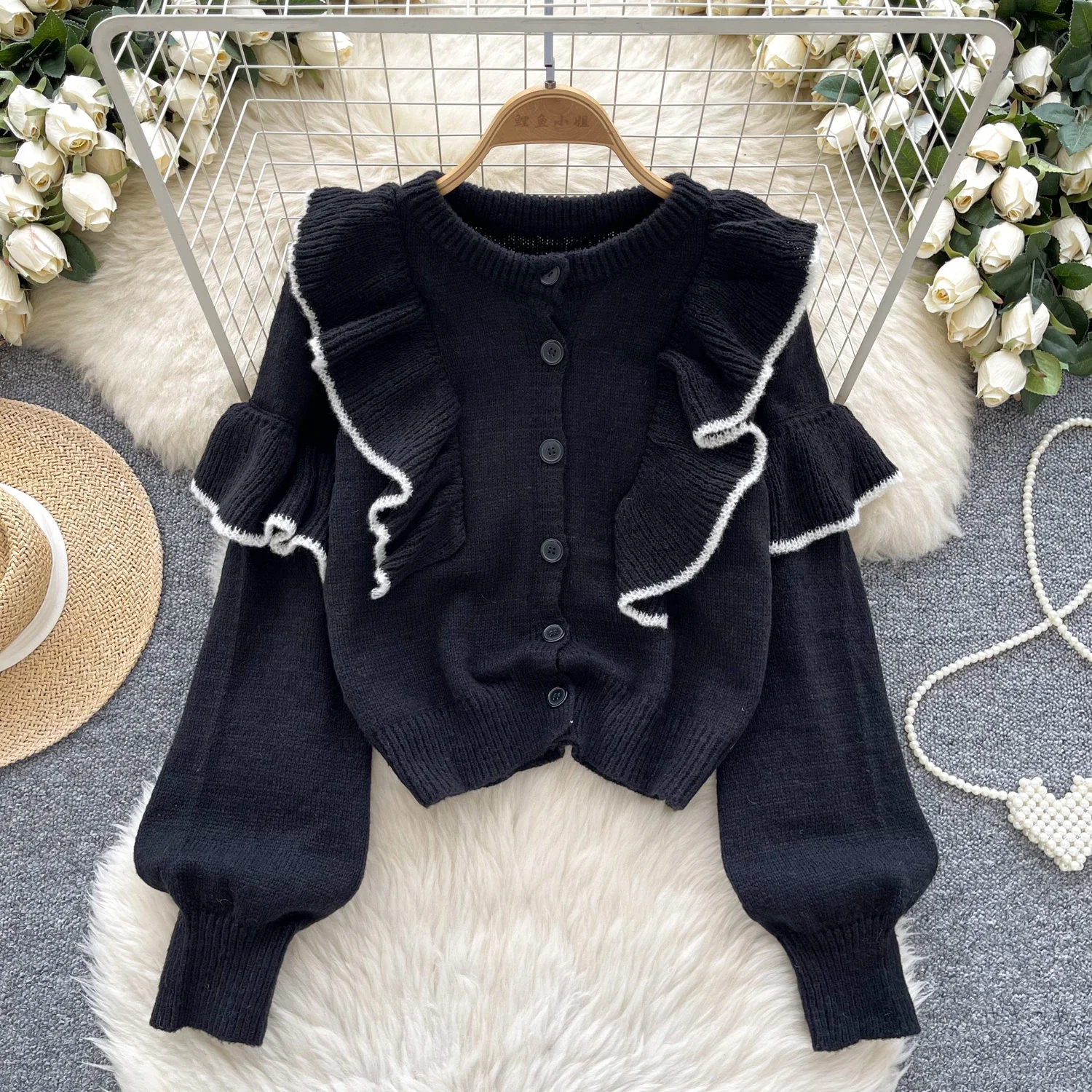 Basics Long Sleeves Vintage O Neck Ruffle Chic Fashion Slim Knit Top French Streetwear High Street Autumn Winter Clothing