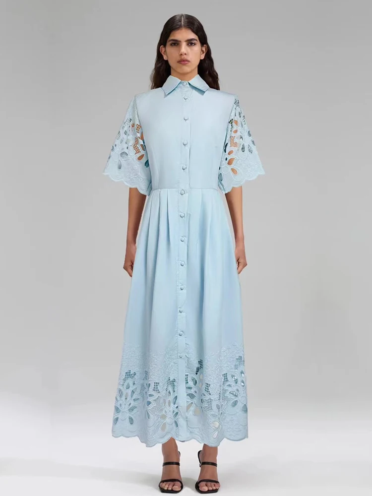 Embroidered cutout lapel single breasted waist shirtdress 2025 Summer women's dress fashion pleated loose pouffer skirt