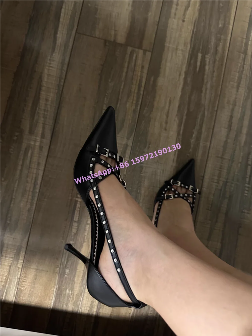 Rivet Band Black Sandals Buckle Cool Girls Matal Punk Pointy Toe Thin Heel Shoes Summer Retro Leather Stiletto Shoes 2025