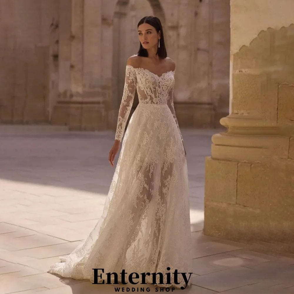 

Customized Lace Applique Wedding Dresses Elegant V-neck Long Sleeve For Women Charming Bow Tulle Bridal Gowns Vestidos De Novia