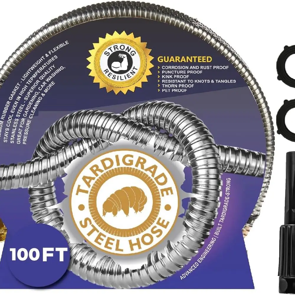 

Metal Garden Hose 100 FT, Heavy Duty 304 Stainless Steel Water Hoses, Unmatched Durability, Flexible, No Kink & Tangl