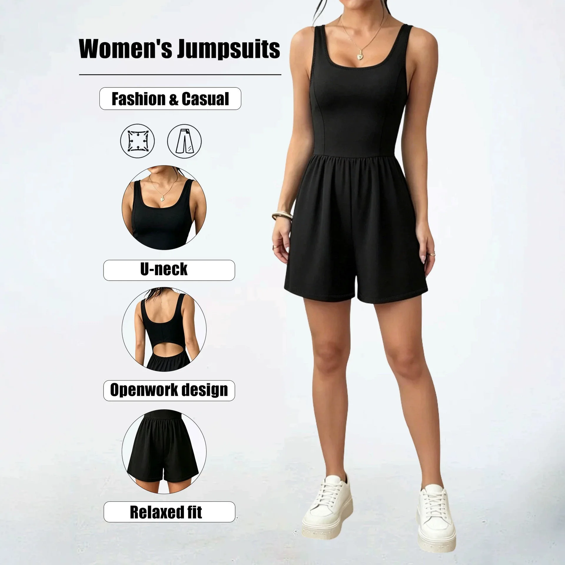 Women U Neck Tank Romper Back Cutout Sleeveless Loose Shorts Jumpsuit Casual Sports One Piece Outfit