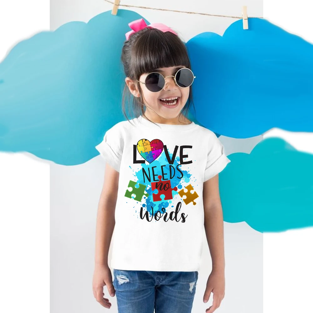 

Love Need No Words Print T-shirt Tops Autism Awareness Shirt Autism Kids TShirt Puzzle Piece Autism T Shirt Gifts for Children