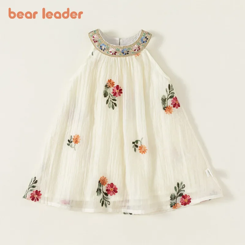 Bear Leader Sequin Floral Collar Princess Dress Summer Flower Embroidered Girls Clothes Round Neck Solid Color Kids Costume